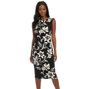 London Times Jersey Placement-Print Midi Dress – Black/Ivory | NWT | 12P